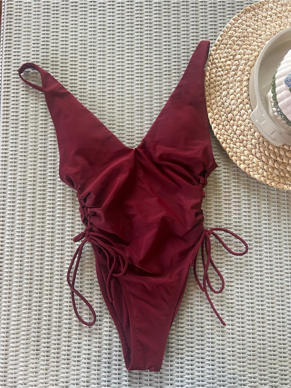 aerie Deep Wine Red Ruched One-Piece Swimsuit